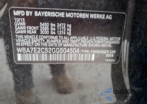 2016 BMW 740 I from USA, damaged, VIN WBA7E2C52GG504504